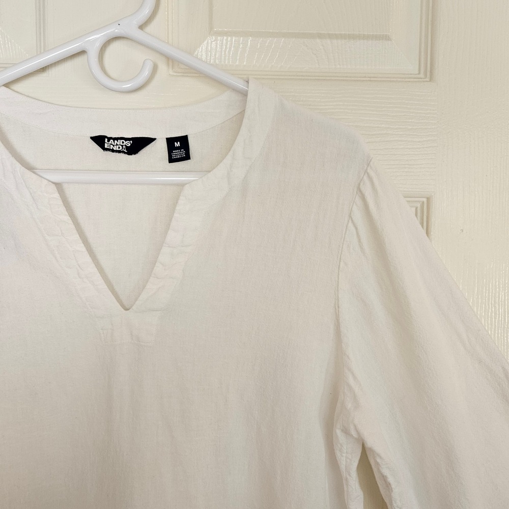 Lands' End White Linen Blend Tunic Top V-Neck 3/4 Sleeve Women's Medium